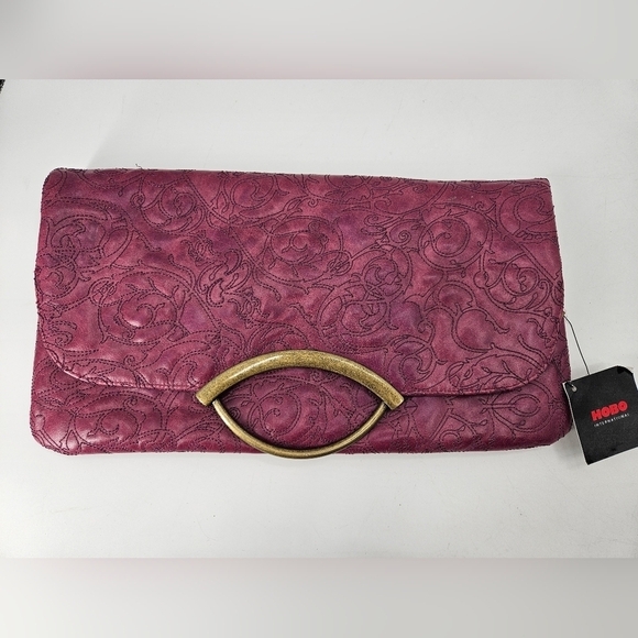 Hobo International PURPLE Mulberry EMBROIDERED Leather CLUTCH Bag Purse SAMPLE - Picture 1 of 9
